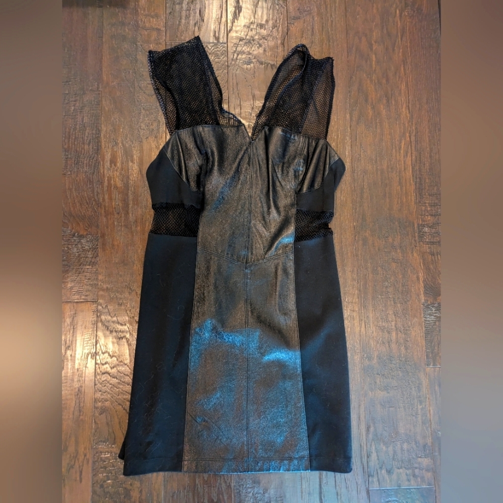 Black Faux Leather Dress with Mesh Straps